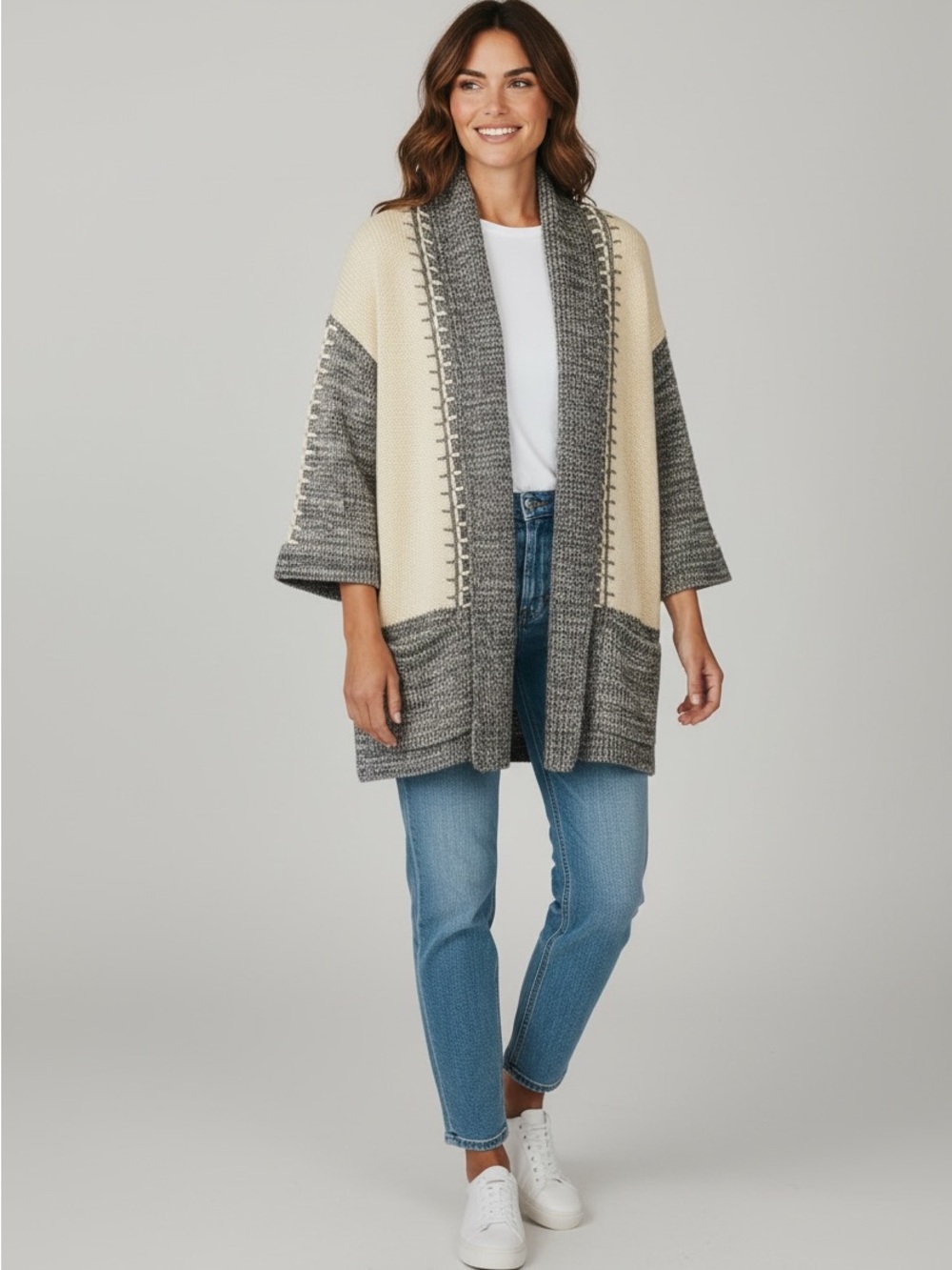 Billabong Small Gray Cream Chunky Knit Open Front Cardigan Sweater